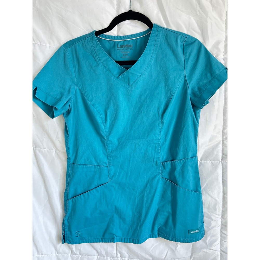 Landau Women Teal Blue Stretch Scrub Top Short Sleeve V Neck Pockets XSM